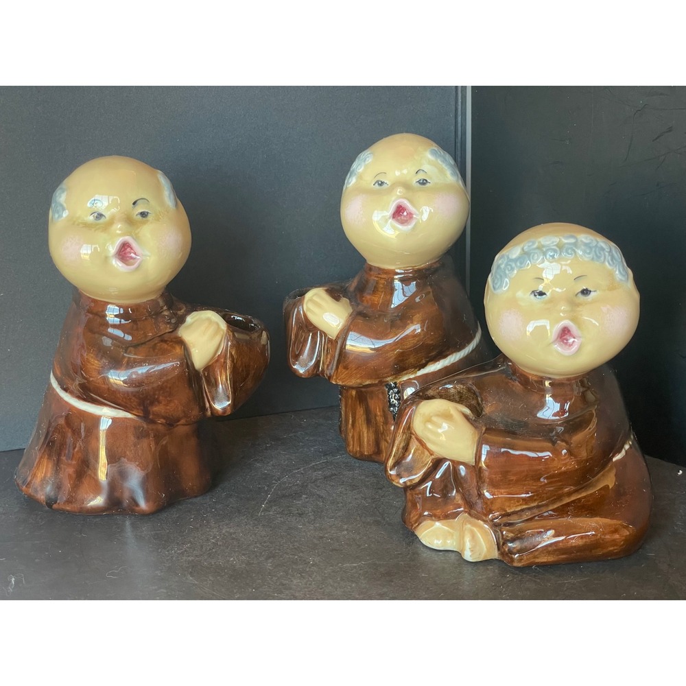 Singing Monks Figurine 3 Piece Brown Excellent Ceramic Candleholders Choir‎ Boys